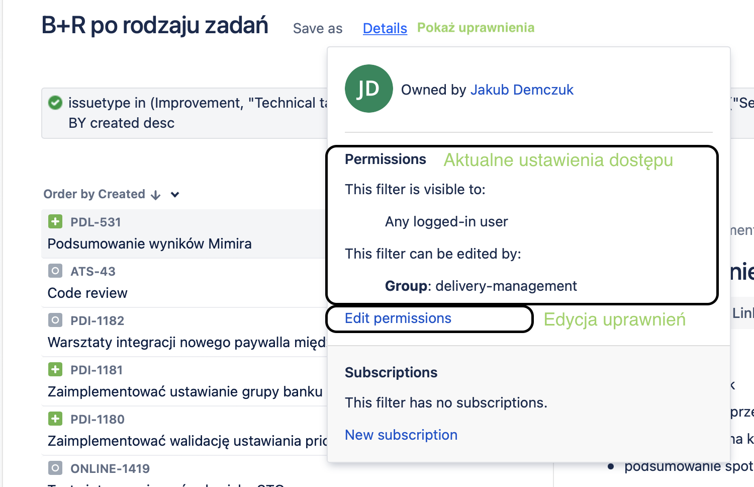 Filter permissions view