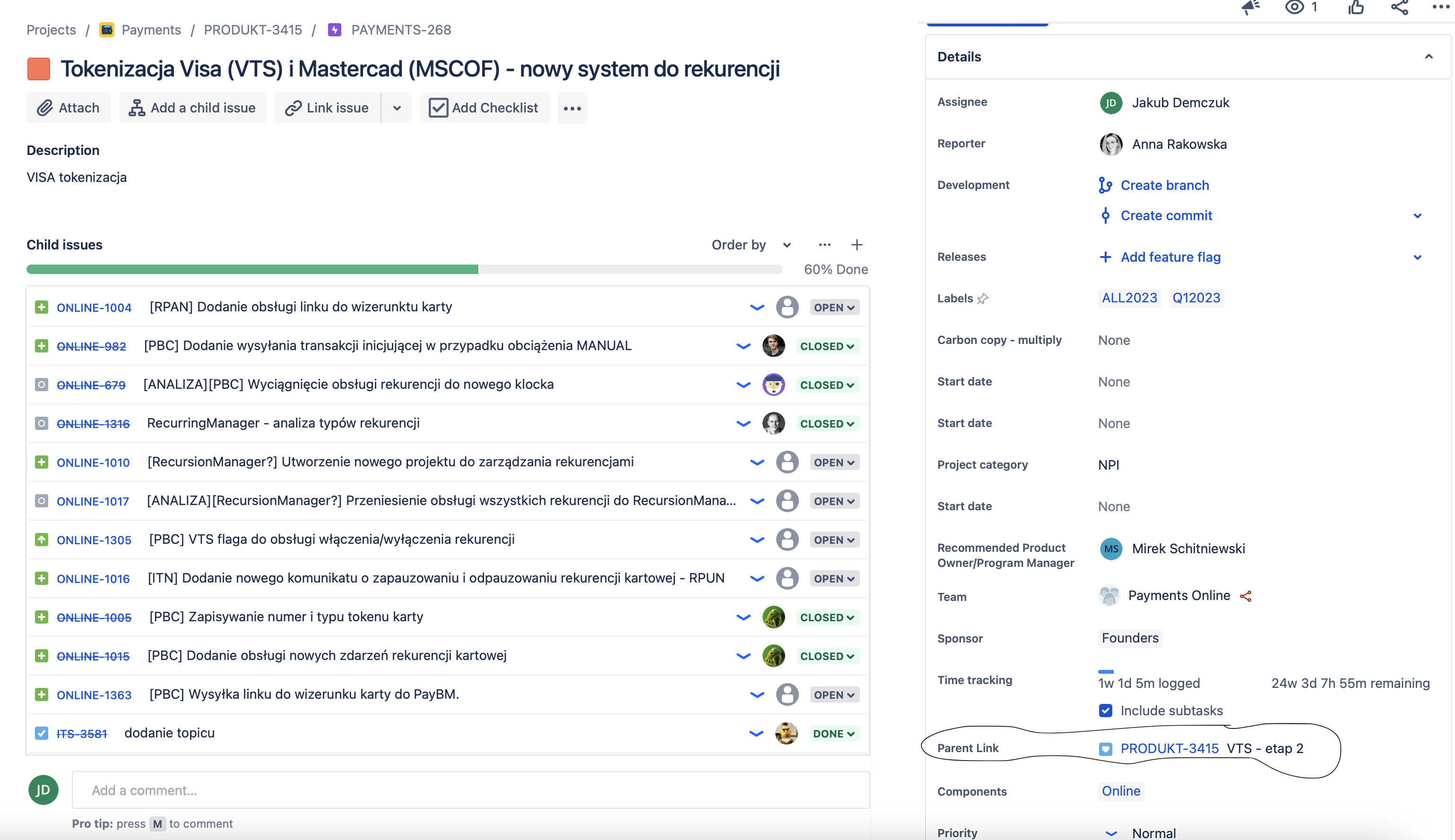 Parent link in epic view